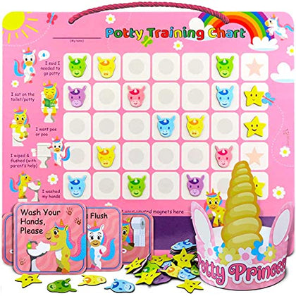 Unicorn Potty Training Chart & 35 Magnetic Stickers - Potty Chart for Toddlers Girls, Boys