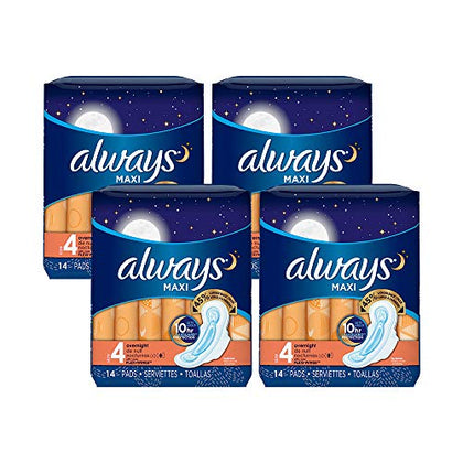 Always Maxi Size 4 Overnight Pads for Women, with Wings,Unscented, 14 Count - Pack of 4 (56 Count Total)