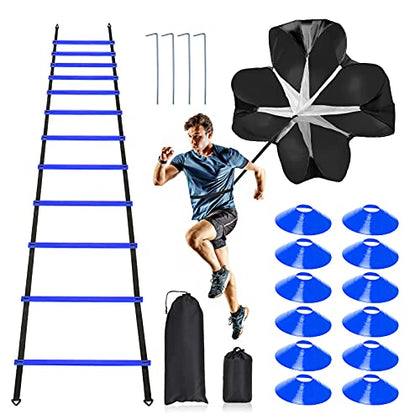 Pro Speed & Agility Training Set-Includes 12 Rung 20ft Adjustable Agility Ladder with Carrying Bag, 12 Disc Cones, 4 Steel Stakes, 1 Resistance Parachute, Use Equipment to Improve Footwork Any Sport (Blue)
