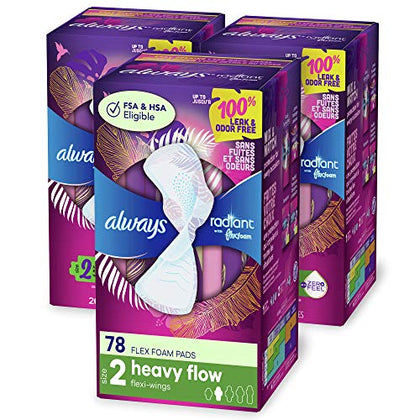 Always Radiant Feminine Pads For Women, Size 2 Heavy Flow Absorbency, Multipack, With Flexfoam, With Wings, Light Clean Scent, 26 Count x 3 Packs (78 Count total)
