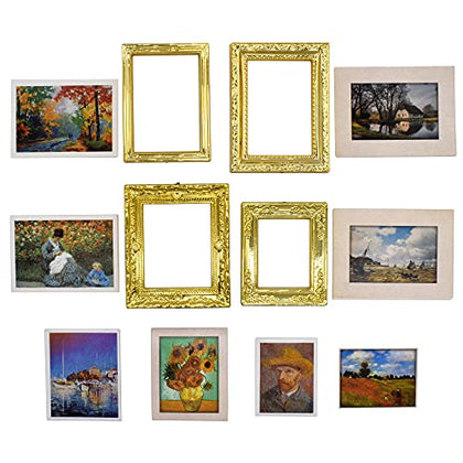 iLAND Miniature Dollhouse Accessories for Vintage Dollhouse Furniture, Frames w/Printed Classical Paintings Set (4 Bright Golden Frames w/ 8 Pictures)