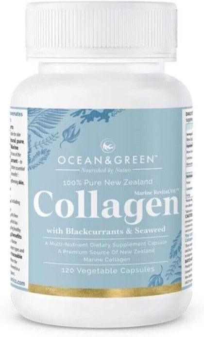 Ocean & Green 100 Pure Marine Collagen Supplements New Zealand | Multi-Nutrient Dietary Supplement | Premium Source of NZ Marine Collagen with Blackcurrants & Seaweed | 120 vege caps (Expiry -2/17/2025)