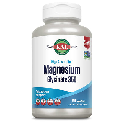 KAL Magnesium Glycinate Capsules, Fully Chelated Magnesium Bisglycinate, High Absorption Magnesium Supplement, Healthy Bones, Muscle, Relaxation and Stress Support, Non-GMO 160 count (Expiry -7/31/2027)