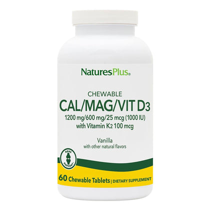 NaturesPlus Chewable Cal/Mag/VIT D3 with Vitamin K2-60 Chewable Tablets - Vanilla Flavor - Bone Health Supplement with Calcium, Magnesium, Vitamin D3 and K2 - Gluten-Free - 30 Servings