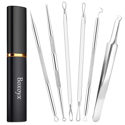 Boxoyx Pimple Popper Tool Kit - 6 Pcs Blackhead Remover Comedone Extractor Tool Kit with Metal Case for Quick and Easy Removal of Pimples, Blackheads, Zit Removing, Forehead, Facial and Nose(Silver)