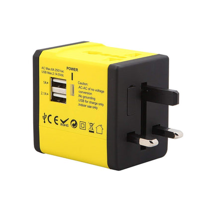 AllEASY Travel Adapter Universal All in One International Charger with 2 USB Ports 2.1A for US UK EU AU and Other Countries(Yellow, NO Voltage Conversion)