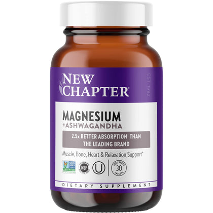New Chapter Magnesium with Ashwagandha 325 mg Tablets, 30 Count - Promotes Muscle Recovery, Heart & Bone Health, Calm & Relaxation, Gluten Free, Non-GMO (Expiry -9/30/2025)