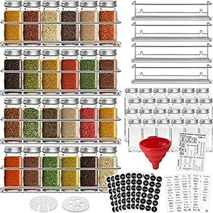 Talented Kitchen 4 Stainless Steel Spice Racks Wall Mount Organizer for Wall and Cabinet Door with 24 Pcs 4oz Glass Spice Jars, 269 Preprinted Seasoning Labels (2 Styles)