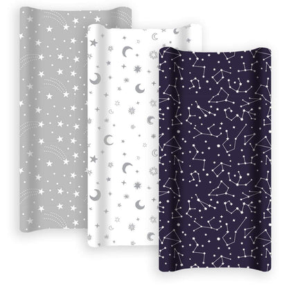 GROW WILD Changing Pad Cover 3 Pack | Soft & Stretchy Jersey Cotton | Baby Changing Table Pad Cover | Diaper Changing Pad Covers for Girls or Boys | Wipeable Sheets | Grey White Navy Blue Stars Moons