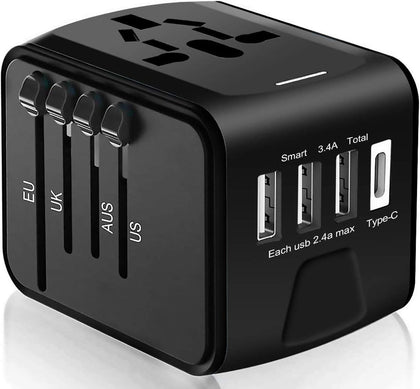 Travel Adapter - Whzld International Travel Power Adapter W/High Speed 2.4A USB, 3.0A Type-C Wall Charger, European Adapter Travel Power Adapter Wall Charger for UK, EU, AU, Asia Covers 220+ (black 1)