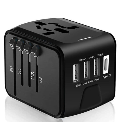 Whzld International Travel Power Adapter W/High Speed 2.4A USB, 3.0A Type-C Wall Charger, European Adapter Travel Power Adapter Wall Charger for UK, EU, AU, Asia Covers 220+ (black 1)