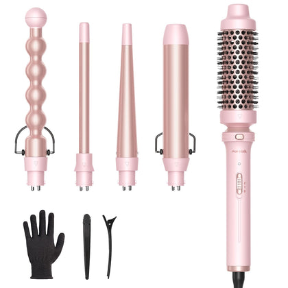 Wavytalk 5 in 1 Curling Iron,Curling Wand Set with Curling Brush and 4 Interchangeable Ceramic Curling Wand(0.5-1.25),Instant Heat Up,Include Heat Protective Glove & 2 Clips (Pink) 120v