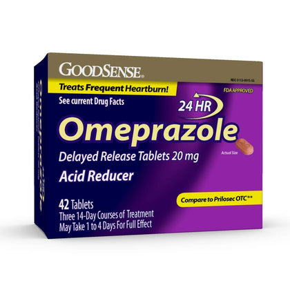 GoodSense Omeprazole Delayed Release Tablets 20 mg, Stomach Acid Reducer for Frequent Heartburn Treatment,Brown 42 Count (Expiry -8/31/2025)