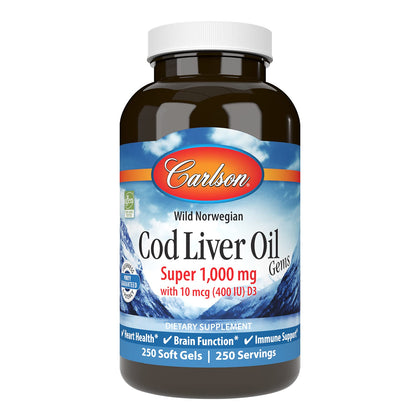 Carlson - Cod Liver Oil Gems, Super 1000 mg, 250 mg Omega-3s + Vitamins A & D3, Wild-Caught Norwegian Arctic Cod-Liver Oil, Sustainably Sourced Nordic Fish Oil Capsules, 250 Softgels