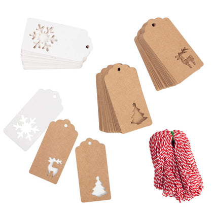 150 PCS Christmas Tags, Kraft Paper Gift Tags Hang Labels With 20M Red and White String, Christmas Tree, Snowflake, Reindeer Design for Christmas Gift Favor,Christmas Party and Decorating Christmas Tree