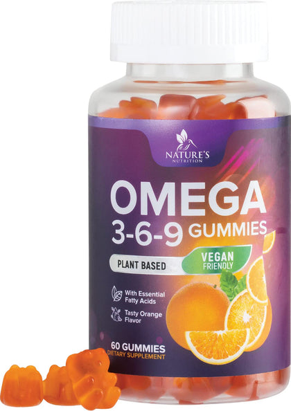 Omega 3 6 9 Vegan Gummies - Triple Strength Omega 3 Supplement Essential Oil Gummy - Omega 369 Heart Support and Brain Support for Women, Men & Pregnant Women, Non-GMO, Orange Flavor - 60 Gummies (Expiry -10/31/2025)