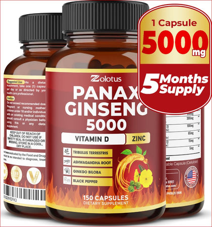 Zolotus 7 in 1 Premium Panax Ginseng + Tribulus Terrestris, 5 Months Supply, 5000 mg per Capsule wtih Ashwagandha, Gingko Biloba (expiry -12/31/2024)