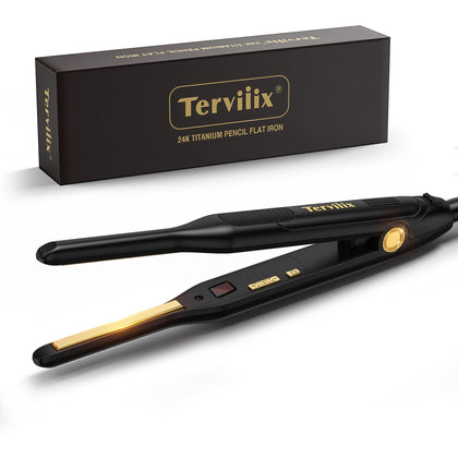 Terviiix 24K Titanium Pencil Flat Iron with LCD Display, 3/10'' Mini Hair Straightener with Adjustable Temp, Small Straightening Irons for Men, Touch Ups/Pixie Short Hair/Beard/Bangs/Edges/Baby Hair 120v