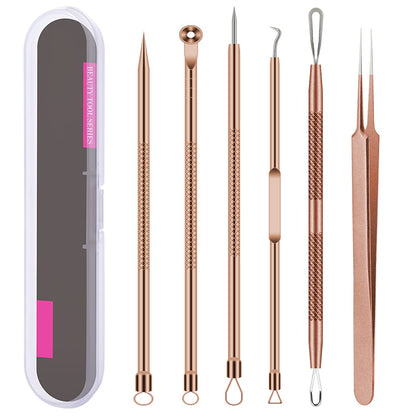 Pimple Popper Tool Kit, 6 Pcs Blackhead Remover Acne Needle Tools Set Removing Treatment Comedone Whitehead Popping Zit for Nose Face Skin Blemish Extractor Tool - Rose Gold
