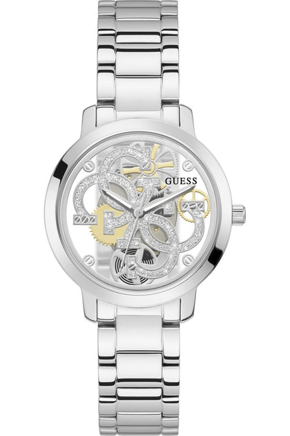 GUESS Ladies Trend Clear 36mm Watch - Glitz Dial with Silver-Tone Stainless Steel Case & Bracelet
