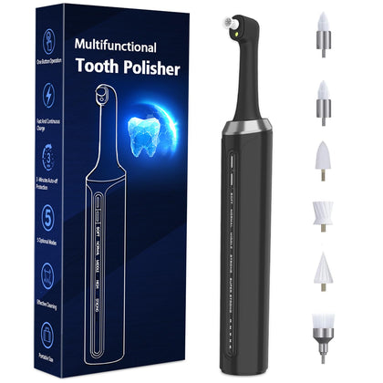 Akizbeir Electric Tooth Polisher, Rechargeable Dental Polisher for Teeth Cleaning and Whitening, Electric Dental Care Kit with 5 Multifunctional Brush Heads, 5 Speed Modes, and IPX6 Waterproof (Black)