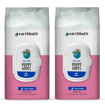 earthbath Ultra-Mild Wild Cherry Puppy Grooming Wipes - Softly Wipe Away Dirt and Odor, Moisturizes, Aloe Vera, Vitamin E - Handily Clean Your Puppies' Dirty Paws & Undercoat - 100 Count, Pack of 2