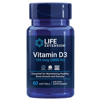 Life Extension Vitamin D3 125 mcg (5000 IU), Bone Health, Brain Performance, Immune System Support, Gluten-free, Non-GMO, Once Daily, Two-month Supply, 60 Softgels (Expiry -1/31/2025)