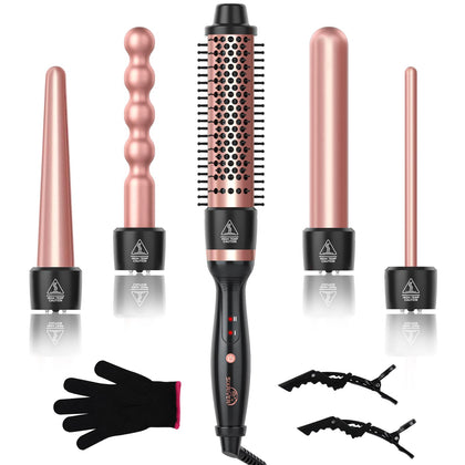 Curling Iron Wand Set, Sixriver 5 in 1 Hair Crimper with Curling Brush&4 Interchangeable Ceramic Curling Wand(0.4-1.25), Fast Heating Hair Wand Curler,1H Auto Shut-Off,Heat Protective Glove&2 Clips 120v