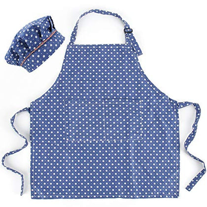 CRJHNS Kids Apron and Chef Hat Set, Adjustable Cotton Child Aprons with Large Pocket Black Girls Boys Kitchen Bib Aprons for Cooking Baking Painting