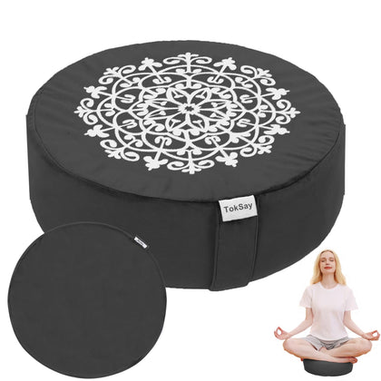 TokSay Meditation Cushion with Two Velvet Covers, 16 * 16 * 5.9 inches, Filled with Buckwheat - Round Yoga Bolster (Black)