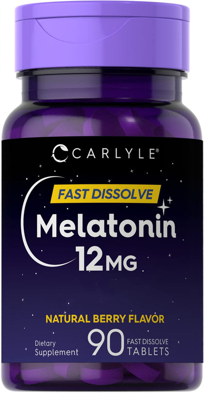 Carlyle Melatonin 12 mg Fast Dissolve 90 Tablets | Natural Berry Flavor | Vegetarian, Non-GMO, Gluten Free (Expiry -9/30/2025)