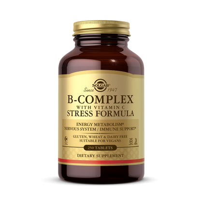 Solgar B-Complex with Vitamin C Stress Formula, 250 Tablets - Energy Metabolism, Nervous System & Immune Support - Non-GMO, Vegan, Gluten Free, Dairy Free, Kosher, Halal - 125 Servings