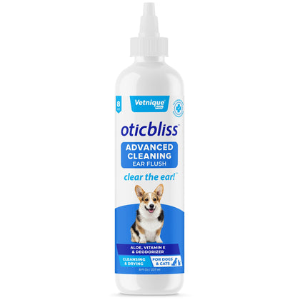 Vetnique Labs Oticbliss Ear Cleaner Wipes/Flushes for Dogs & Cats with Odor Control and Itch Relief Reduces Head Shaking - Clear The Ear