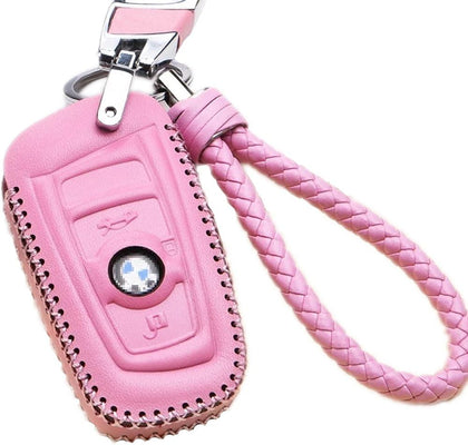 BMW Genuine Leather Key Case cover Shell For BMW 3-Button Keyless Entry Remote Control Smart Car Key Protection Fob Skin cover Etui with Braided Key Chain & Key Rings (Pink)