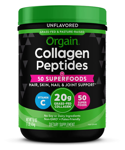 Orgain Hydrolyzed Collagen Powder + 50 Organic Superfoods, 20g Grass Fed Collagen Peptides - Hair, Skin, Nail, & Joint Support Supplement, Non-GMO, Type 1 and 3 Collagen - 1lb (Packaging May Vary) (Expiry -7/29/2024)