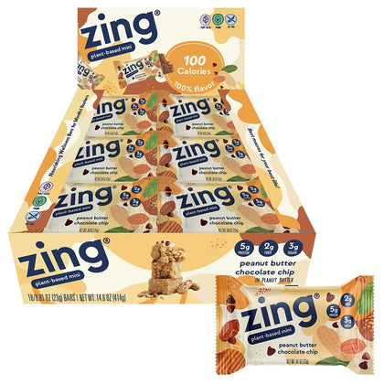 Zing Peanut Butter Chocolate Chip Kids Protein Bars, Gluten Free 100 Calorie Mini Bars with High Protein, Vegan Nutrition Bars, Dairy Free Plant Based Protein, Kosher, Low Sugar, No Sugar Alcohols - 18 count