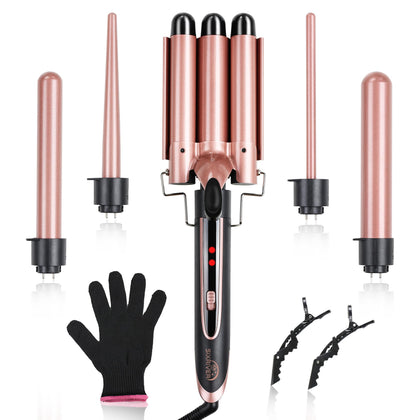 Sixriver 5-in-1 Curling Iron Set, Curling Wand with 3 Barrel Hair Crimper Iron and Interchangeable 4 Curling Irons, Dual Voltage Hair Waver with 2-LED Temp Control for All Hair Types, Glove & 2 Clips 120v