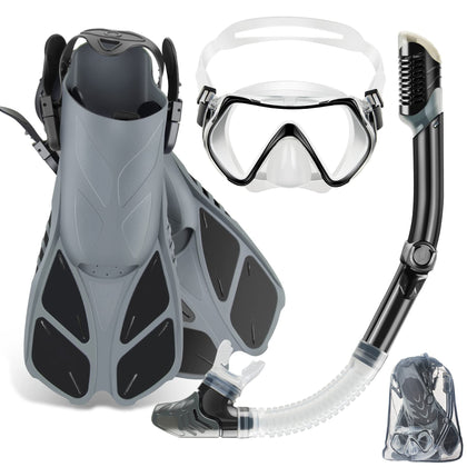 ZEEPORTE Mask Fin Snorkel Set, Travel Size Snorkeling Gear for Adults with Panoramic View Anti-Fog Mask, Trek Fins, Dry Top Snorkel and Gear Bag for Swimming Training, Snorkeling Kit Diving Packages (Color- Grey)