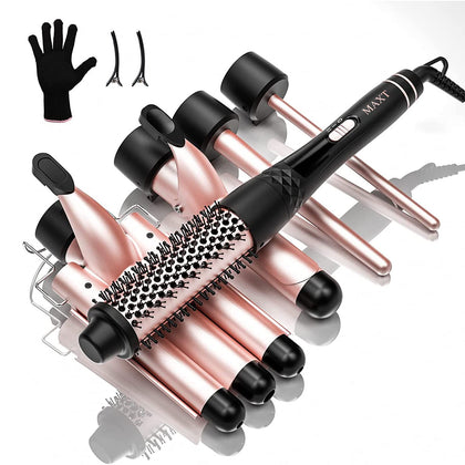 Curling Iron Set 5 in 1,MAXT Curling Wand Set Interchangeable Triple Barrel Curling Iron and Curling Brush Ceramic Barrel Wand Curling Iron(0.35-1.25) 120v