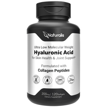 Naturalis Hyaluronic Acid 200mg, 10x Better Absorption Ultra Low Molecular Weight with Collagen, Biotin, Selenium & Vitamin E | Hair, Skin, Nails & Joint Supplements | 120 Softgels