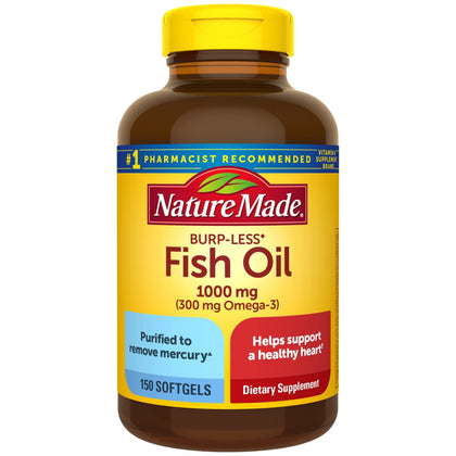 Nature Made Burp Less Fish Oil 1000 mg Softgels, Omega 3 Fish Oil Supplements for Healthy Heart Support, Omega 3 Supplement with 150 Softgels, 75 Day Supply