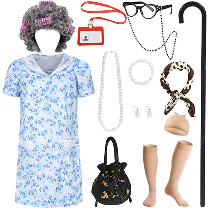 Slivomi 14 Pcs Old Lady Costume Kids Girls 100 Days of School Costume Grandma Cosplay Old Person Dress Up Outfit Blue Dress with Accessories SV006M