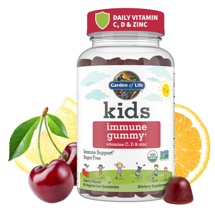 Garden of Life Kids Immune Support Gummies with Vitamin C, D as D3 & Zinc for 3-in-1 Daily Children's Immunity - Organic, Non-GMO, Gluten-Free, Vegetarian, Sugar Free, Cherry Flavor, 30 Day Supply