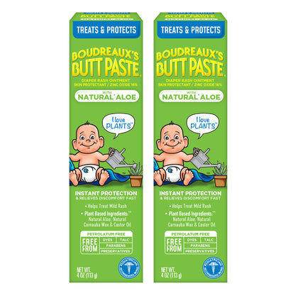 Boudreaux's Butt Paste with Natural Aloe Diaper Rash Cream, Ointment for Baby, 4 oz Tube, 2 Pack