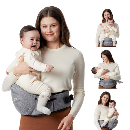Momcozy Hip Seat Baby Carrier - Adjustable Waistband with Original 3D Belly Protector & EVA Massage Board, Ergonomic Carrier with Various Pockets for Newborns & Toddlers up to 45lbs (Grey, Medium)
