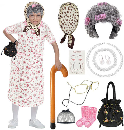 17 Pcs Old Lady Costume for Kids, 100 Days of School Costume Kit Old Person Grandma Madea Granny Dress Up Complete Accessories RA016RM