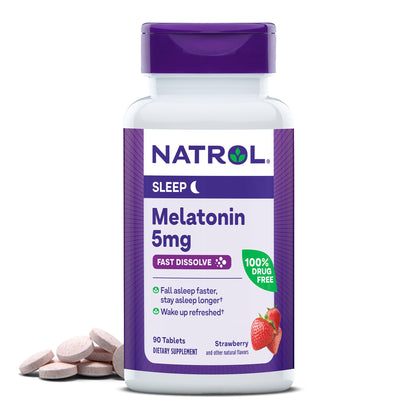 Natrol Melatonin 5mg, Strawberry-Flavored Dietary Supplement for Restful Sleep, 90 Fast-Dissolve Tablets, 90 Day Supply