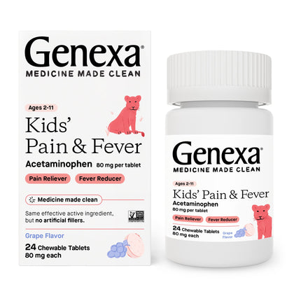 Genexa Kid's Pain and Fever Reducer | Childrens Acetaminophen, Dye Free, Chewable Tablets for Kids 2-11 | Delicious Organic Grape Flavor | 80 mg | 24 Count