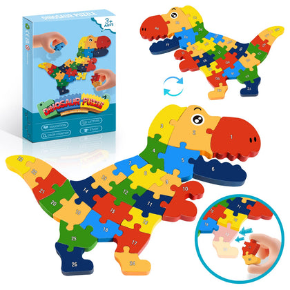 Puzzles for Toddlers 1-3: 26 Pcs Dinosaur Wooden Puzzles for 2-4 Year Old Boys Birthday Gifts Toddler Preschool STEM Educational Toy Learning ABC & Number Christmas Stocking Stuffers Gifts