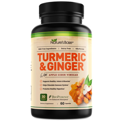 Turmeric and Ginger Supplement - Tumeric Curcumin Joint Support Pills - with Apple Cider Vinegar & BioPerine Black Pepper - 95% Curcuminoids - 60 Capsules (Expiry -9/30/2025)
